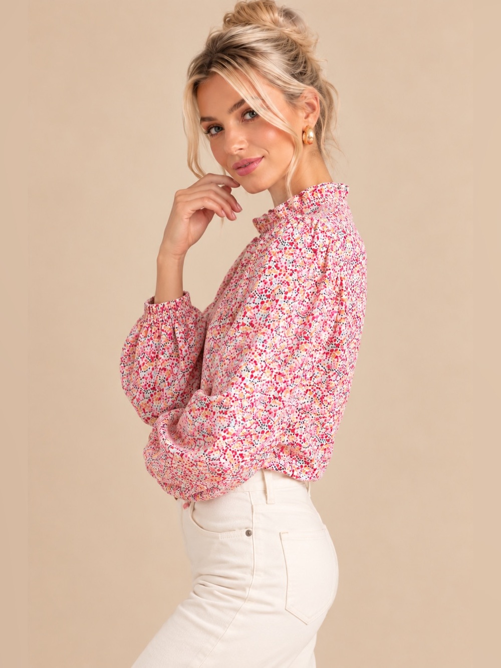 J. Crew Liberty Ditsy Floral Ruffle Stand Collar Blouse Pink Long Sleeve Top - Picture 2 of 9